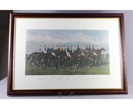 McQueens Racing Print, entitled 'Our Leading Jockeys of the Day', engraved by Edward Gilbert Hester, with sixteen facsimile s