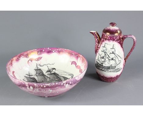 Lustreware Grays Pottery bowl, depicting 'Ship Sally' approx 26 x 11 cms d together with a coffee pot depicting a similar mot