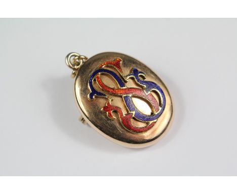 Antique 14ct yellow gold and enamel locket brooch, approx 30 x 22mm, approx 11 gms, monogram SS entwined.