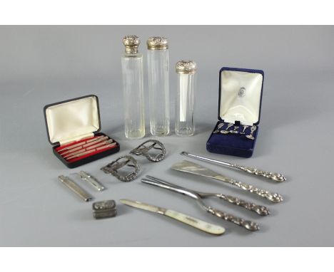 Miscellaneous silver. This lot includes three cut-glass and silver vanity jars London hallmarks, dated 1908 and 1909 together