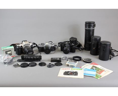 Collection of Camera, including Canon Eos 50 E with a Canon Zoom lens 28-80mm, Canon AE-1 with a Canon lens FD 50mm; Pentax M