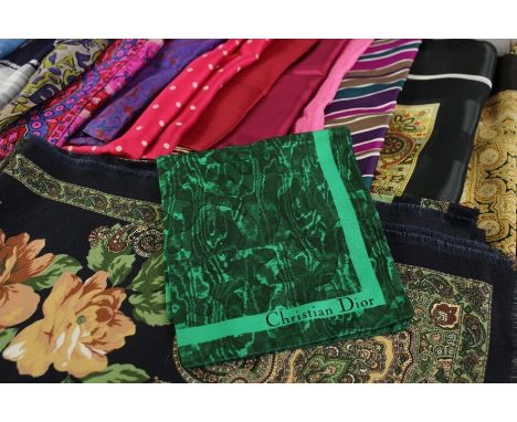 A Selection of Ladies Scarves and Squares; one emerald green Christian Dior square, eight silk scarves and squares and ten ot