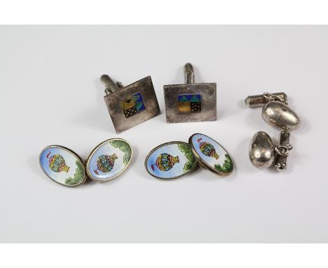 Three pairs of silver gents cufflinks, one pair silver and enamel depicting a hot air balloon, a pair of silver lozenge cuffl