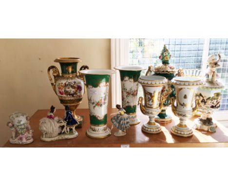 A quantity of items to include Davenport twin handled vase, A/F, Dresden classical dressed figures, other vases etc.