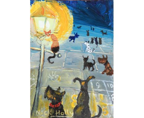 NICK HOLLY (1968) Unframed, signed, Contemporary Welsh oil on canvasboard, 'Boys Night Out', Naive street scene with cats and