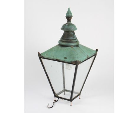 Four 19th Century copper and glass street lamps, one with lamp post, all electric converted.