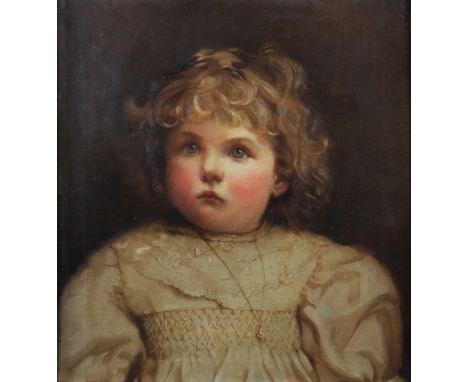 Framed, unsigned, oil on canvas, bust length portrait of a young child in cream dress wearing pearl pendent, 45cm x 41.5cm.