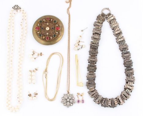 A lot to include an early 20th Century style paste flower pendant, on a belcher link chain indistinctly stamped 9ct, a Victor
