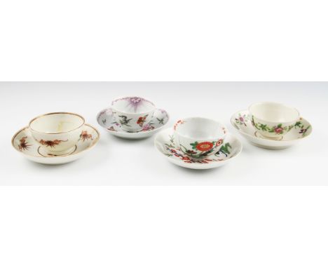 A group of four 18th Century Worcester porcelain tea bowls and saucers in assorted designs, mostly floral, one bowl and sauce