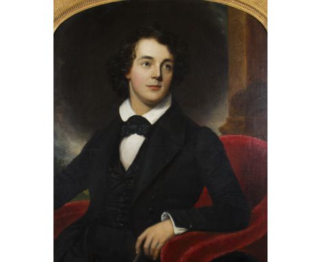 Framed, unsigned, 19th Century oil on canvas, half length portrait of a gentleman seated in red chair, in decorative gilt fra