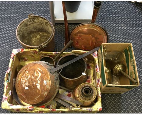 A selection of assorted copper kitchen and other item including pans, pots, warming pan, bugle, oil lamp etc.