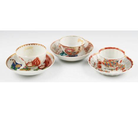 Two 18th Century English porcelain tea bowls and saucers with Oriental figural and themed decorations together with another s