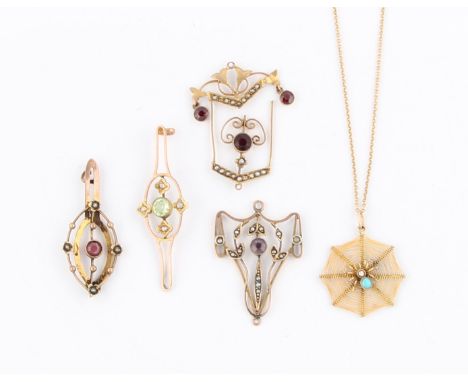 A lot to include a spider web pendant set with turquoise and seed pearl, with chain, both stamped 9ct, together with four gem