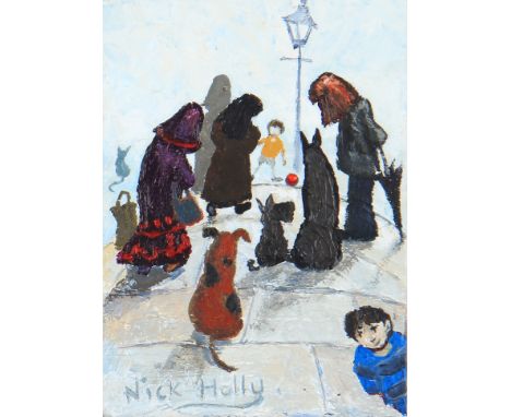 NICK HOLLY (1968) Unframed, signed, Contemporary Welsh oil on canvasboard, 'Busy Street Corner', Naive street with dogs and f