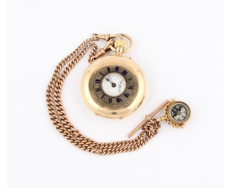 A 9ct yellow gold half hunter crown wind pocket watch, the white enamel dial having hourly Roman numeral markers with minute 