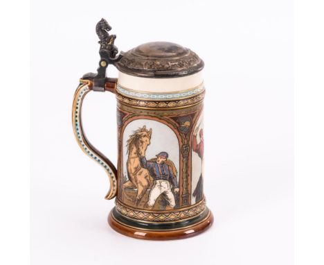 Seltener Mettlach-Krug mit Jockey-Szenen    Villeroy &amp; Boch.        Pressmarke "Mettlach".        Um 1900.        Modell-