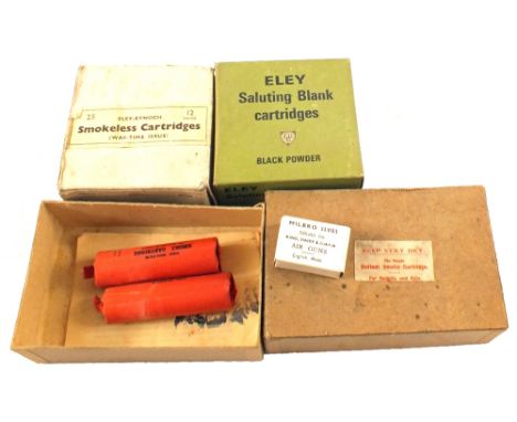 A collection of collectors cartridges including a box of 'wartime issue' Eley-Kynoch 12 bores, a box of Eley Saluting Blanks 