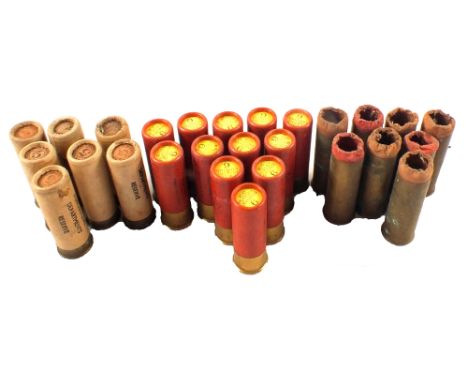 Three bags of 12 bore collectors cartridges, 7 x Agricultural Reserve, 12 x Purdeys Special and 8 x brass cases including Pur
