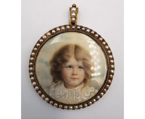 A fitted leather cased 19th century yellow metal portrait miniature mourning pendant. The border and bale set with fifty two 