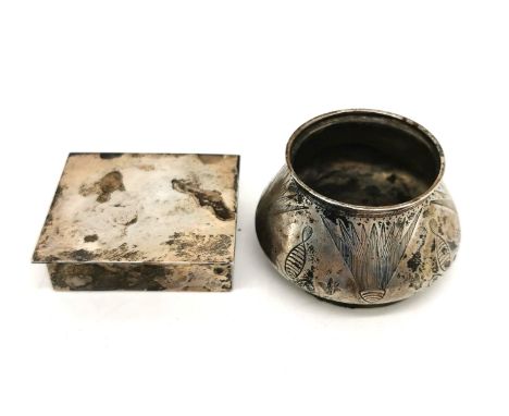 A Victorian silver salt along with a white metal trinket box. The salt by Edward Barnard &amp; Sons with an engraved Egyptian