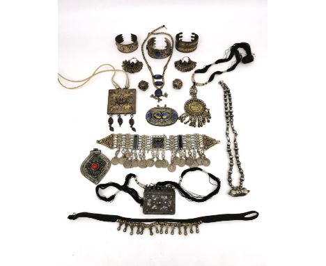 A collection of Middle-Eastern Tribal, Yemeni, Omani and Bedouin jewellery, including a Turkoman amulet box,  Afghan Lapis Ko