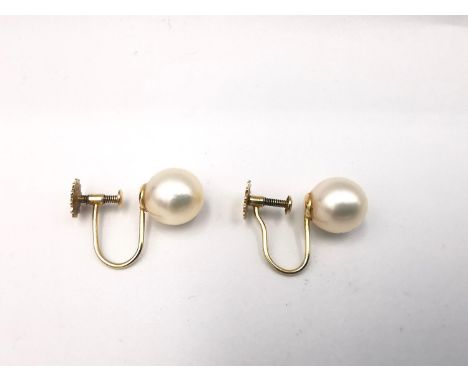 A green leather cased pair of early 20th century white cultured pearl 9ct gold screw back earrings. Screw back stamped 9 cara