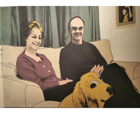 Gavin Turk, British (1967-), acrylic, silkscreen ink on canvas, depicts a couple on the sofa with golden Labrador, signed Gav