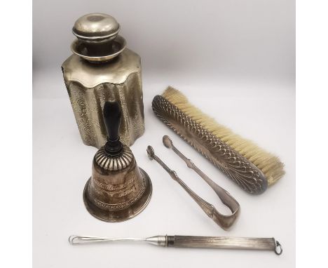 A collection of silver and silver plate, including a 19th century white metal (tests as silver) hand bell with ebony handle a