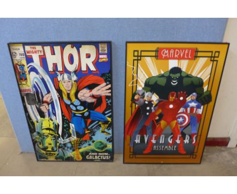 A reproduction Thor print and Marvels Avengers print 