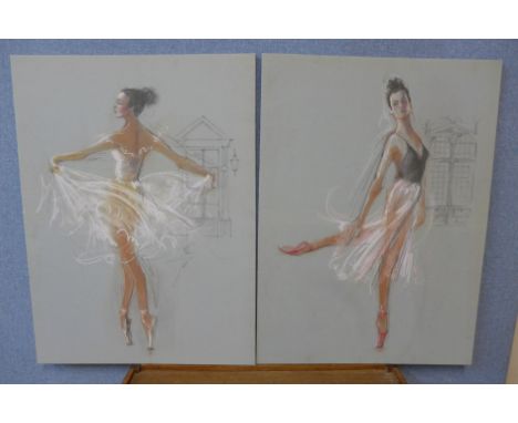 British School, pair of ballerina studies, pastel on canvas, unframed 