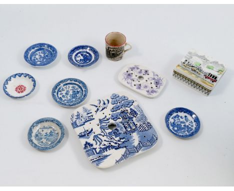 A B&amp;J Railway pattern box and cover, printed with a steam engine, together with a Gray's Pottery miniature mug printed wi