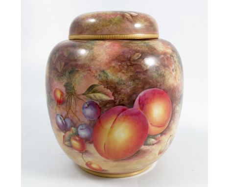 A Royal Worcester ginger jar and cover, decorated all around with fruit to a mossy background by Sibley-Lewis, shape number 2
