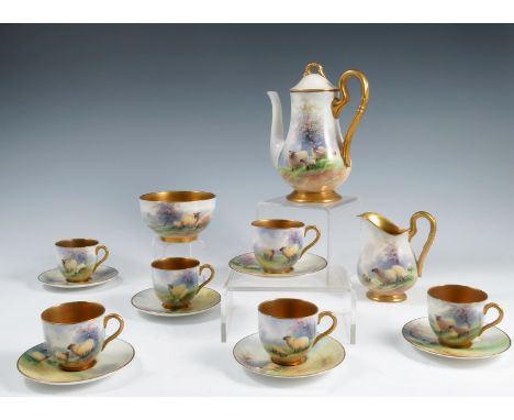 A Royal Worcester coffee set, comprising coffee pot, milk jug, sugar bowl and six cups and saucers, all decorated with sheep 