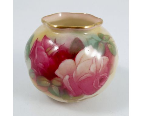 A Royal Worcester vase, of shaped circular form, decorated with roses to the front by M Hunt, shape number G161, dated 1939, 