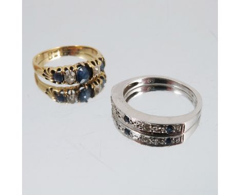 An 18 carat gold five stone diamond and sapphire ring, finger size M, 2.8g gross, together with an 18 carat white gold half h