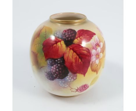 A Royal Worcester vase, of circular form, decorated with autumnal fruits and berries to the front by K Blake, shape number 24