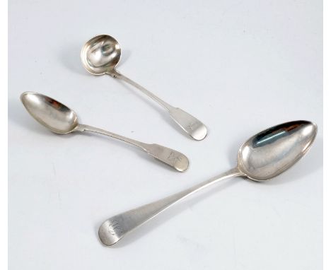 Three Scottish provincial silver spoons, to include a toddy ladle, a tablespoon and a dessert spoon, all engraved with either