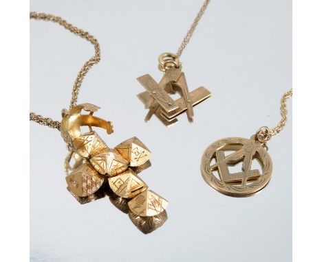 A Masonic fold out orb, on a chain, together with a folding set square and compass 9 carat gold pendant on a chain, and a 9 c