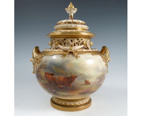 A Royal Worcester covered Bow piece vase, decorated with Highland cattle in landscape to the front and a landscape to the rev