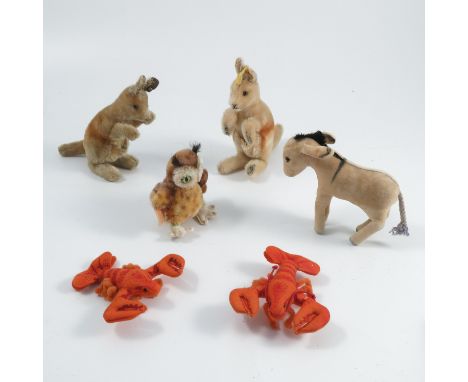 Two Steiff Kangaroos, one with label, one with button, together with two Steiff lobsters, one with button, a Steiff owl, with