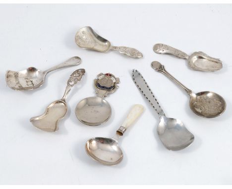 Eight various caddy spoons, to include three Dutch silver examples, four silver plated examples and a Keswick School of Indus
