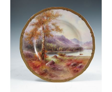 A Royal Worcester cabinet plate, decorated with a view of Lake Derwentwater by H Davis, to a shaped gilt edge, dated 1943, di