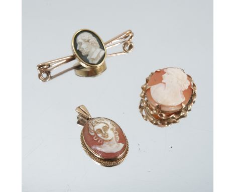 A cameo of Shakespeare, mounted as a bar brooch, together with a shell cameo brooch mounted in 9 carat gold, and a shell came