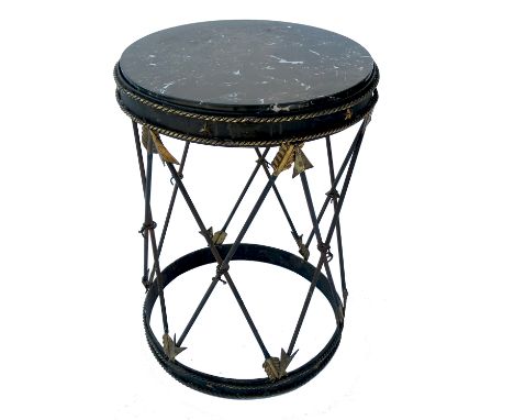 A circular occasional table, of drum shaped form, having a black marble top and raised on metal cross arrow supports, width 1