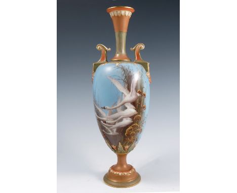 A Royal Worcester pedestal vase, decorated with five Swans in flight and foliage to a powder blue ground, with swallow to the