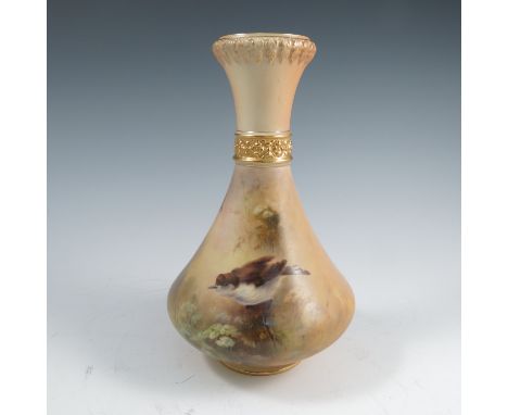 A Royal Worcester blush ivory vase, decorated with birds and foliage by E Barker, with gilt embossed collar to the neck, shap