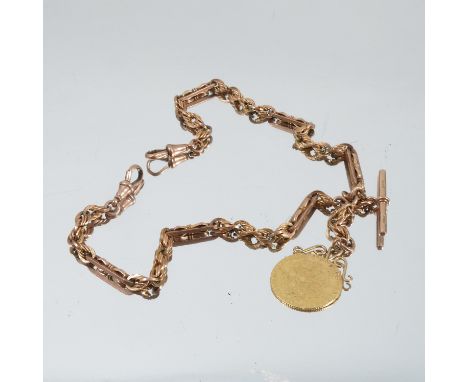 A 9 carat gold watch chain, of baton and wheatsheaf links, with a T bar and two swivel catches, 37cm long, with a soldered sc