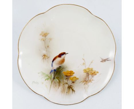 A Royal Worcester dessert plate, decorated with a Stonechat and foliage by E Barker, with shaped edge, dated 1912, diameter 8