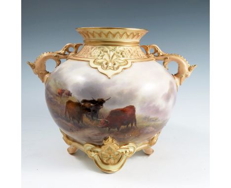 A Royal Worcester blush ivory vase, decorated to the front with Highland cattle in landscape and a landscape to the reverse b