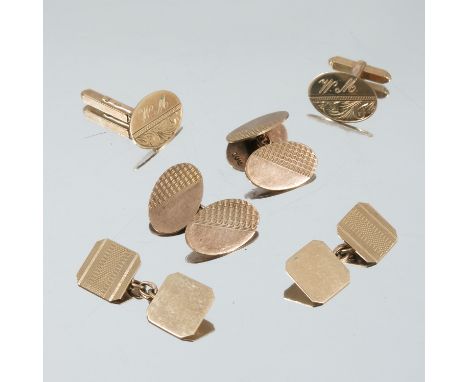 A pair of 9 carat gold cufflinks, together with two other pairs of cufflinks, one hallmarked, one stamped '9ct', 16.6g gros